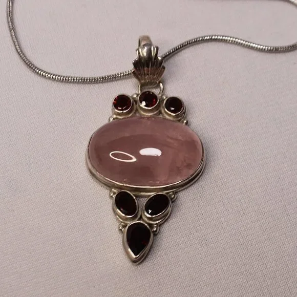 Sterling Silver Rose Quartz Gemstone and Red Glass Stone Necklace - Picture 6 of 13